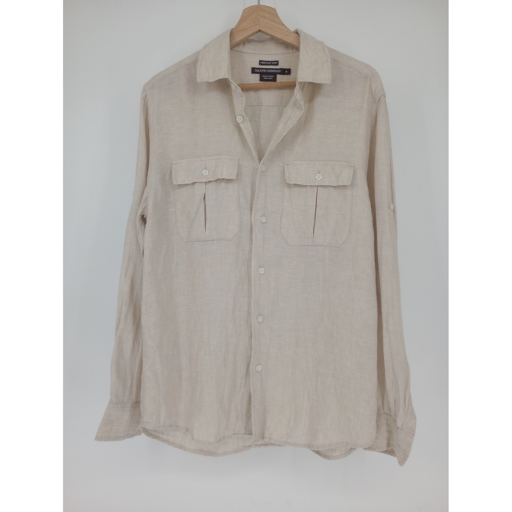 Island Company Linen Pilot Shirt Mens Small Beige Long Sleeve Button Down Pocket